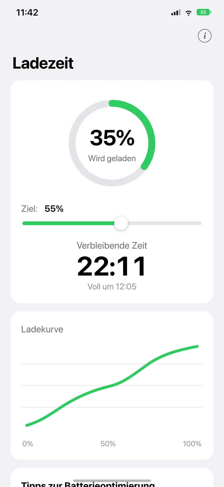 Ladezeit mit 35 Prozent Akkustand, Ziel 55 Prozent und Countdown 22:11 bis 12:05 Uhr